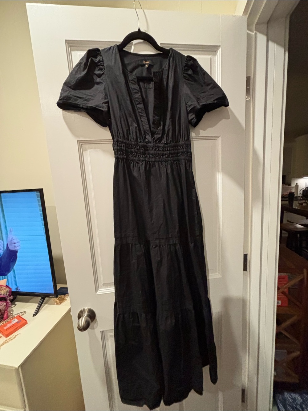 Quince Black Puff-Sleeve Tiered Maxi Dress